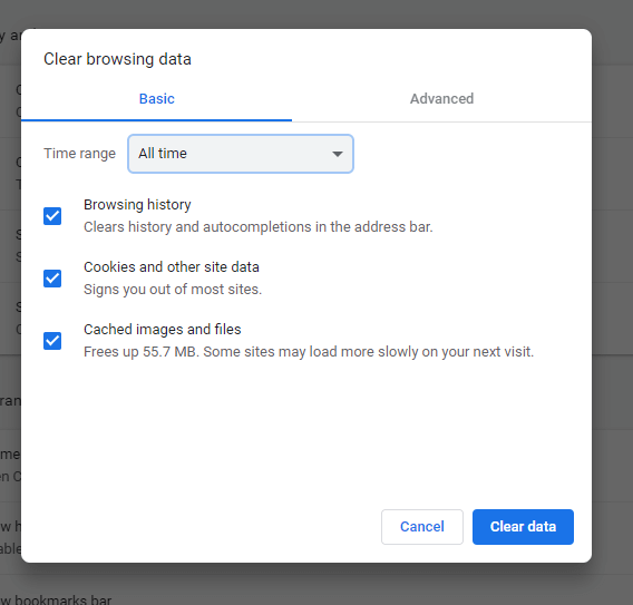 Clear browser cookie and cache