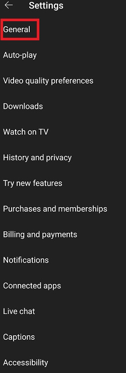 YouTube Settings General