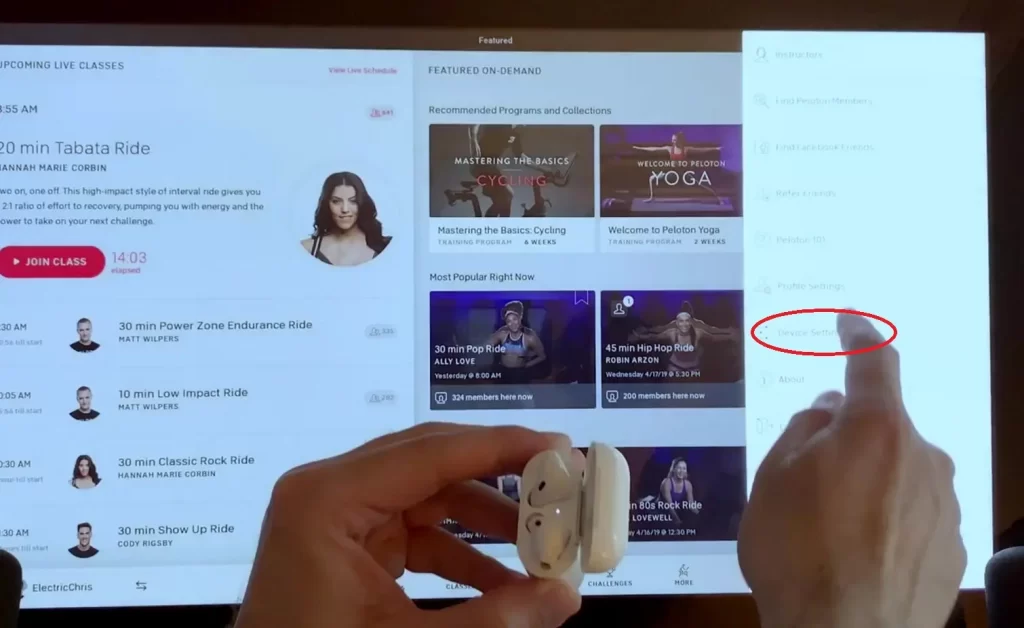 Device Settings is highlighted on the collapsible menu on Peloton Display on a Peloton Bike.