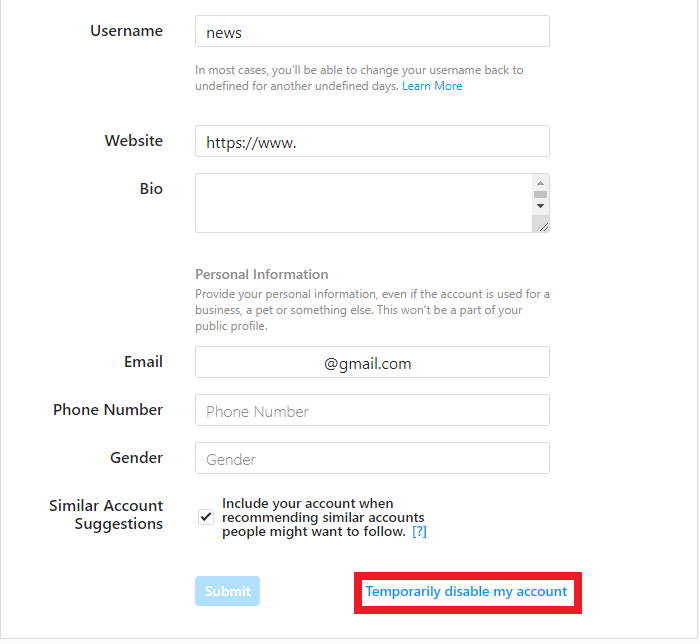 Select Temporarily disable my account