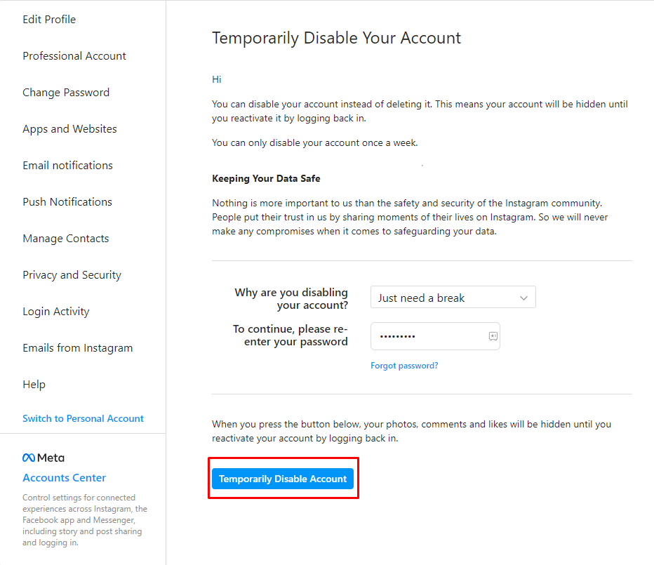 Temporarily disable account