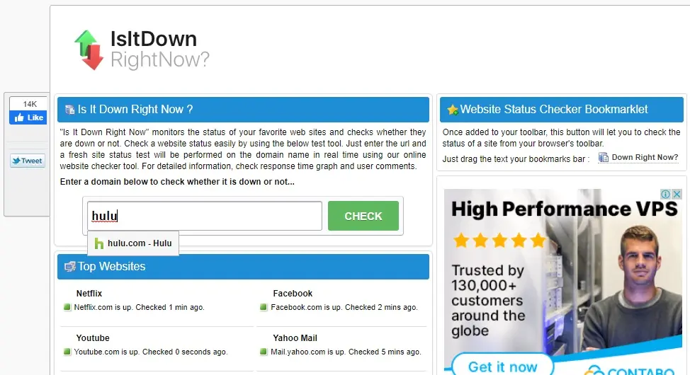 'IsItDownRightNow' landing page with 'Hulu' typed in the search field