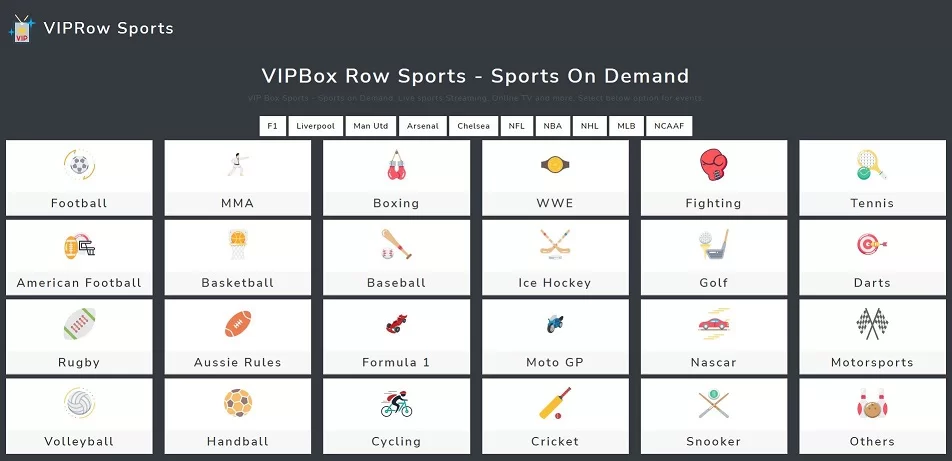 VIPRow Sports hero screen with 24 tiles for each sports category.