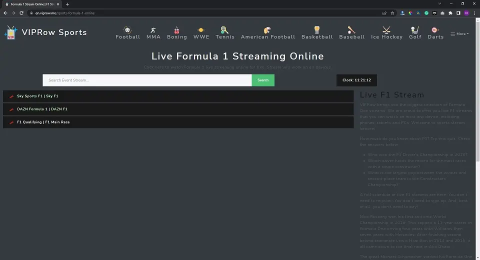 List showing all TV channels showing F1 content on VIPRow Sports