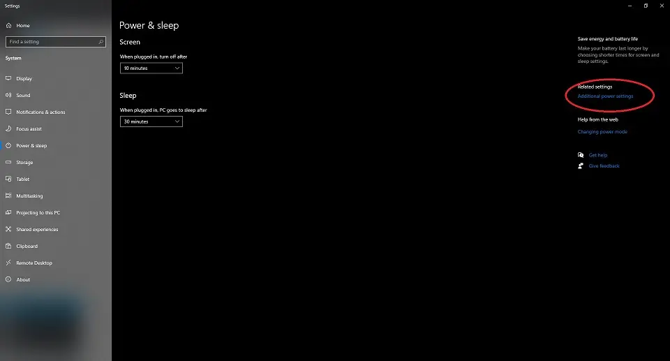 Power & sleep settings window with Addition power settings highlighted on right sidebar