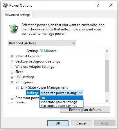 Advanced Power Settings window with PCI Express expanded and Setting set to Off.