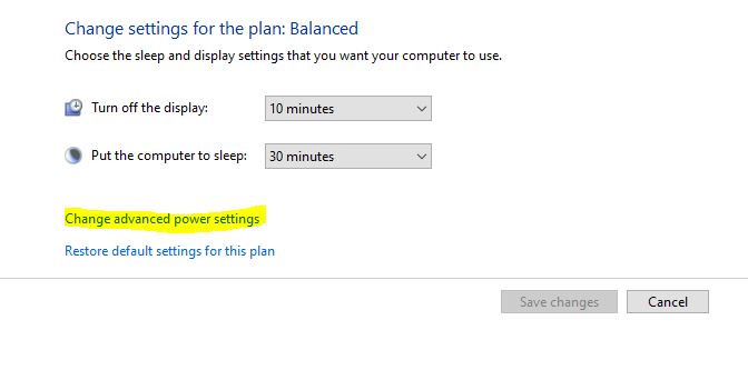Plan settings screen with Change Advanced Power Settings button highlighted.