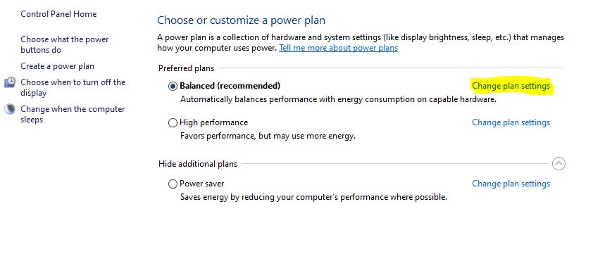 Advanced Power Settings window with Change Plan Settings highlighted.