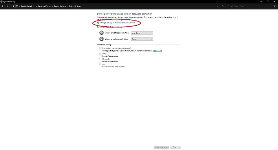 System Settings with Change Settings that are currently unavailable option highlighted
