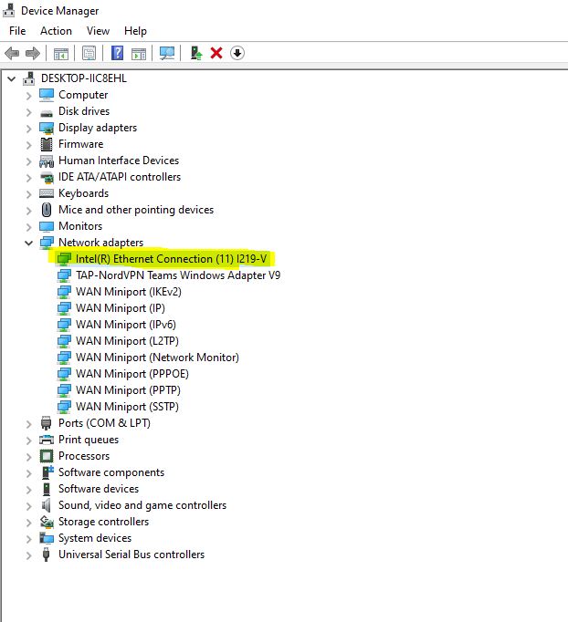 The primary network card is highlighted in the Device Manager window. It is the main reason for Wake on LAN not working.