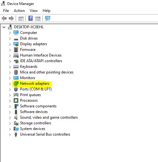 Device Manager window with Network adapters being highlighted on the list of options.