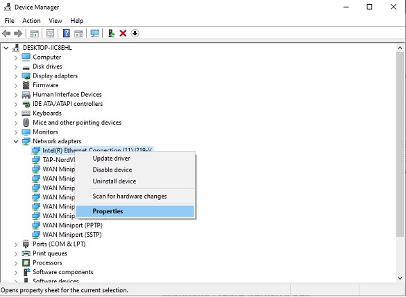 Device Manager with all Network adapters seen. Right mouse button clicked on Primary Network card.