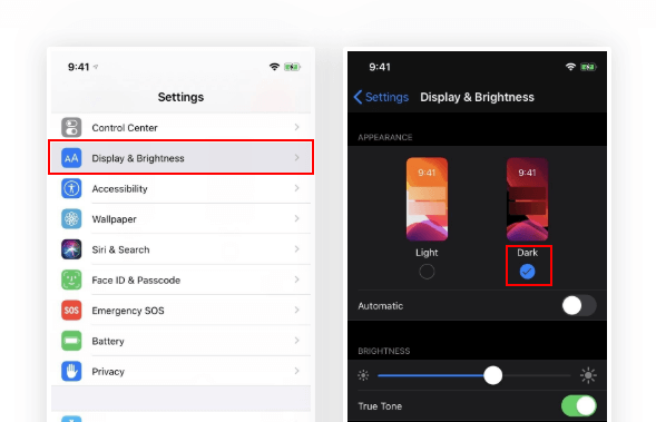 display and brightness option on iPhone - Canva Dark Mode