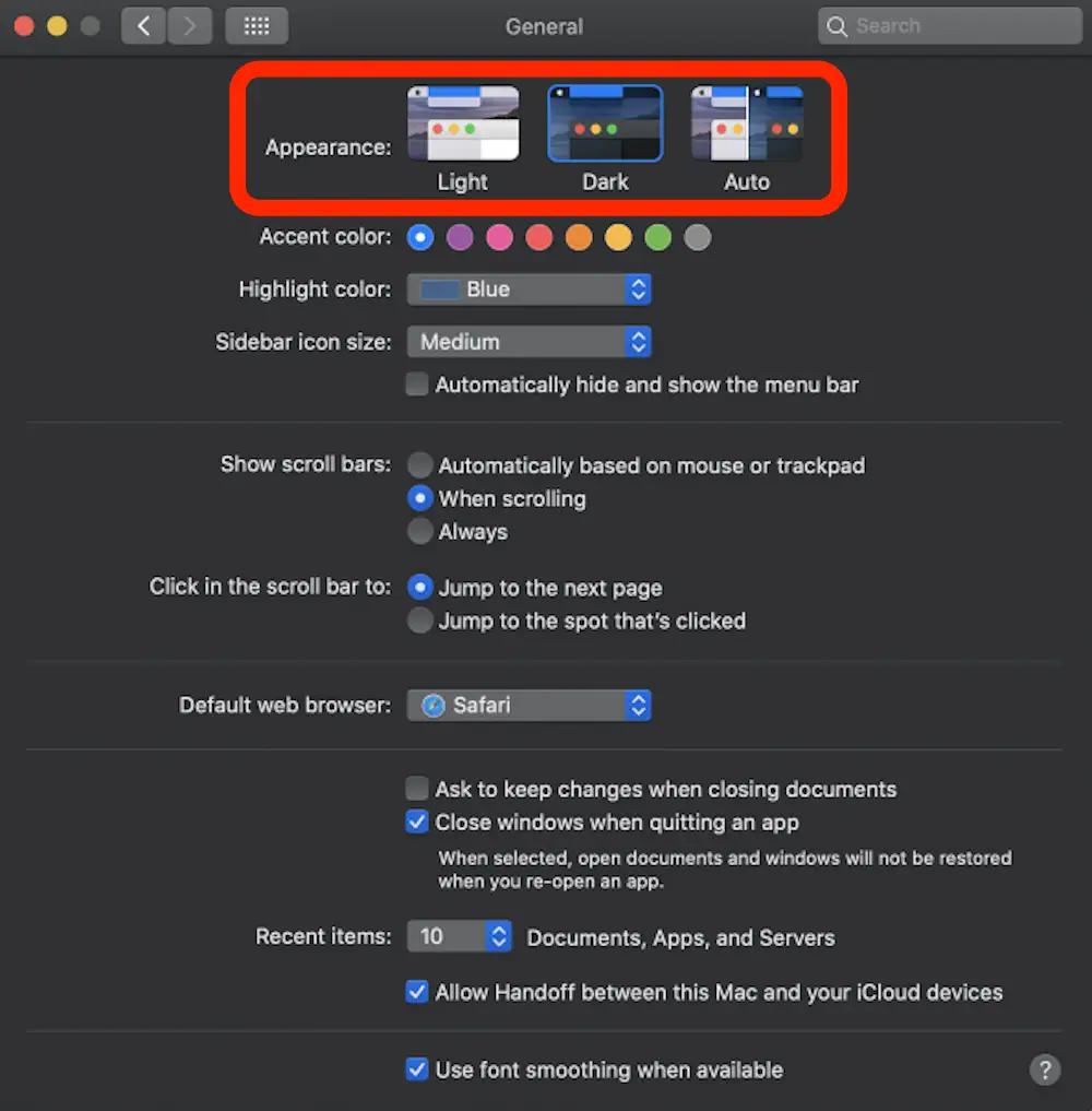 general tab in Mac with Dark, light and Auto option theme - Canva Dark Mode