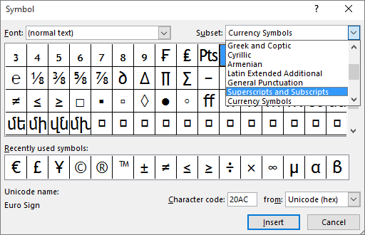 insert symbols dialogue box - Exponent Symbol on Keyboard 