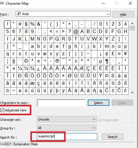 Superscript option in character map