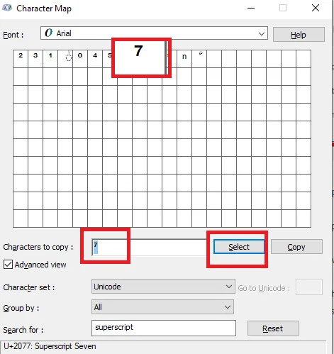 Selecting an exponent symbol from character Map