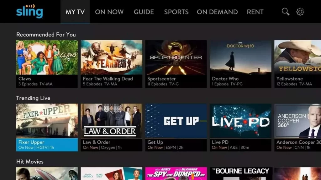 Sling TV home screen