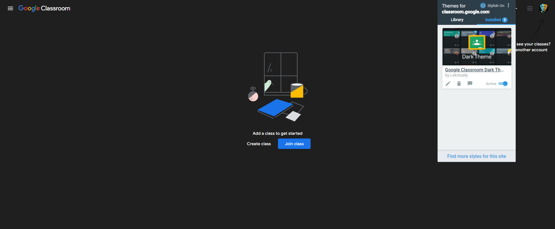 dark theme on Google Classroom