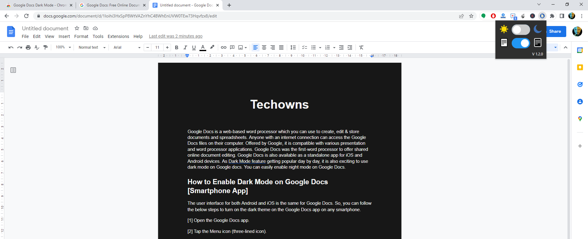 Google Docs website dark mode