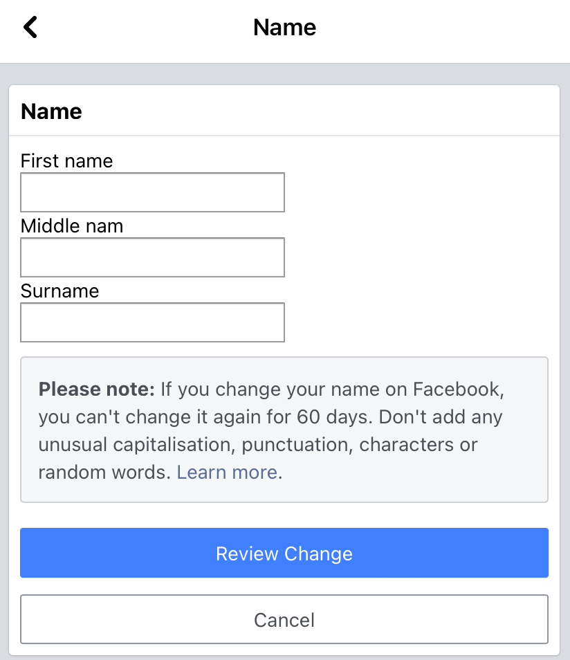 Enter a new Facebook name