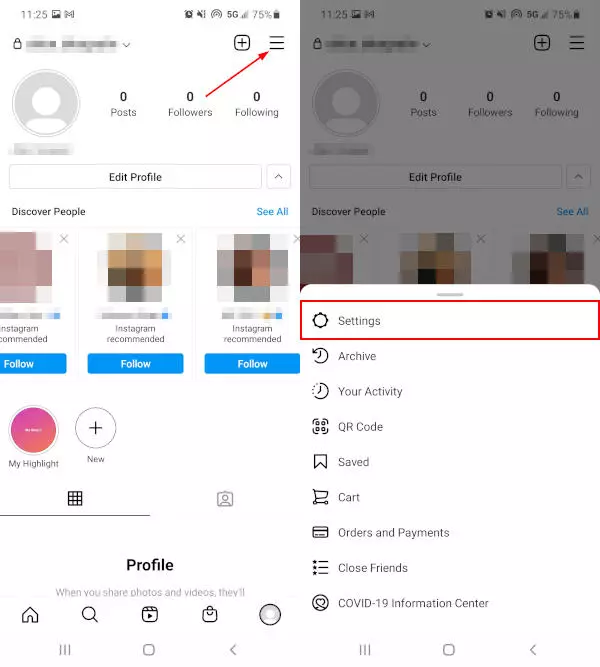 Settings option on Instagram - How to Create a 3D Avatar