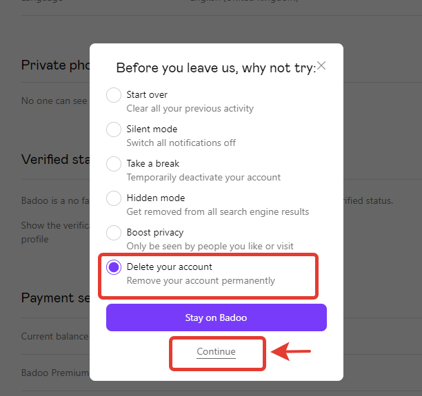 How to Delete Badoo Account- Click Delete your account