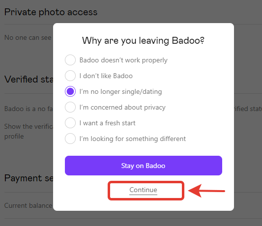 Select a reason to leave badoo