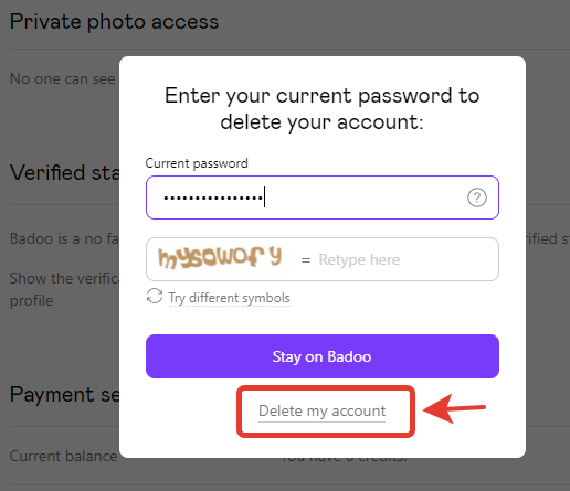 Enter your password and click on Delete my account