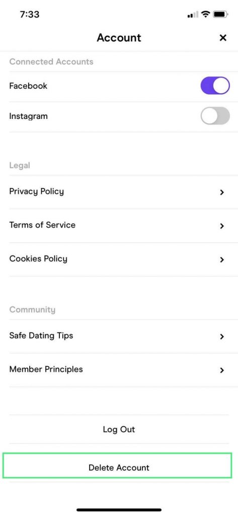 How to Delete Hinge Account- click Delete Account