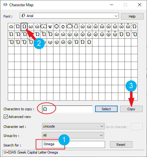 Character map tab