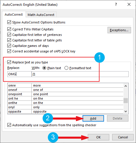 autocorrect option - How to Type Omega Symbol