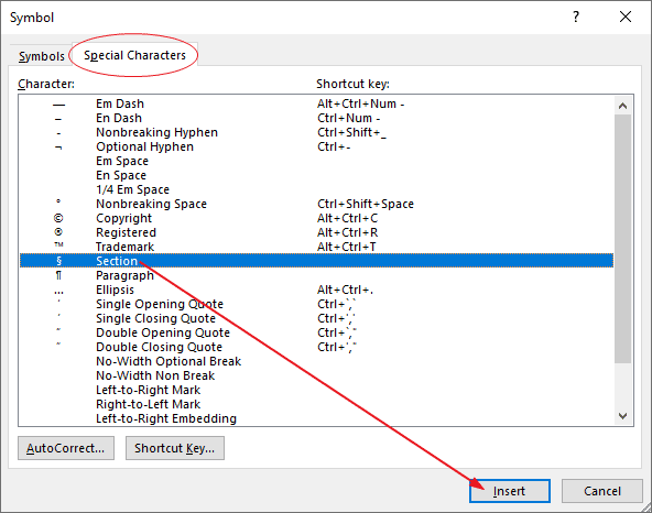 Special character tab in more symbols option.