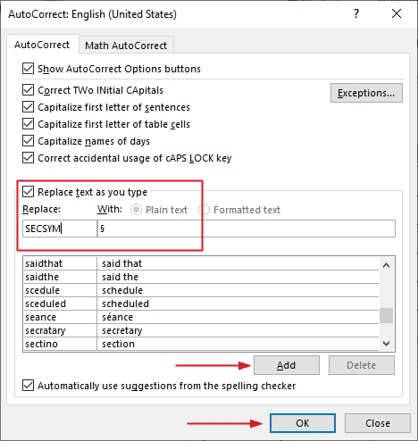 Replace the text for section symbol in AutoCorrect.