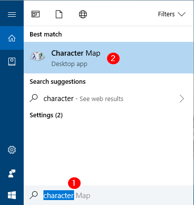 Character map option from start menu