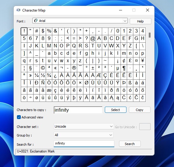 Infinity Symbol on Keyboard - Using Character Map