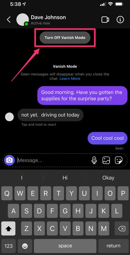 Turn off Messenger Vanish mode