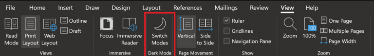 Dark mode icon in Microsoft Word View tab