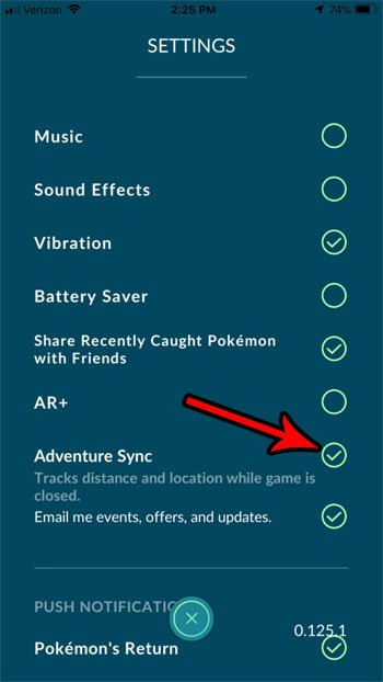 Settings option on Pokemon Go