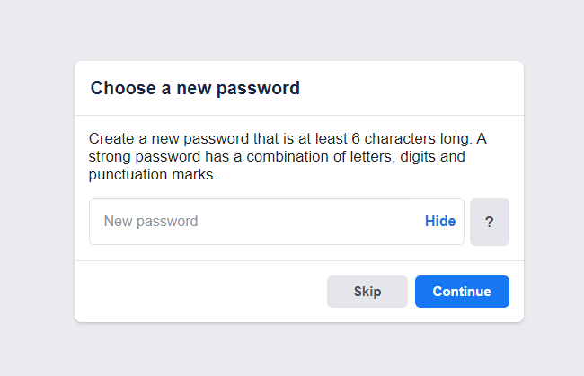 Enter new password to reset it for Facebook and Messenger