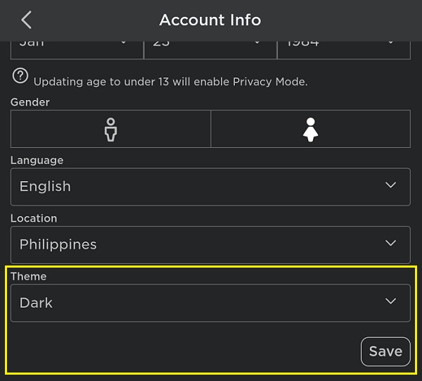 Roblox Dark Mode-Select Dark theme