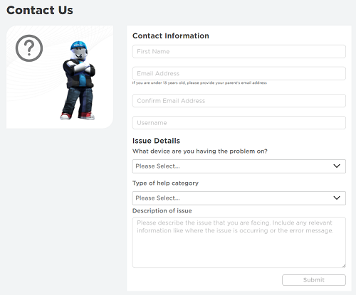 Roblox contact us form