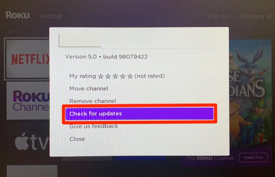 Check for updates screen for app on Roku