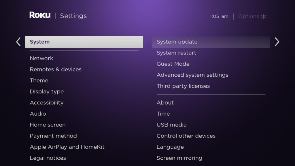 system update on Roku device