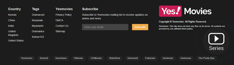 YesMovies Footer Section