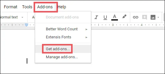 Add ons and Get Add ons option in Google docs