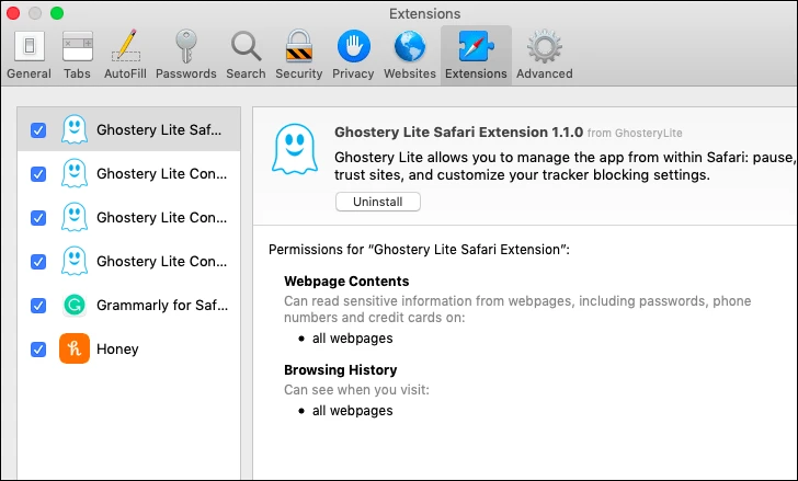 Extension tab in Safari