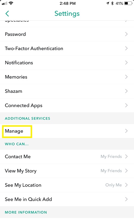 Manage option in Snapchat - How to Allow Camera Access on Snapchat