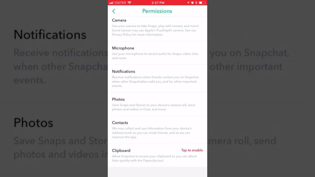 Permission tab in snapchat app
