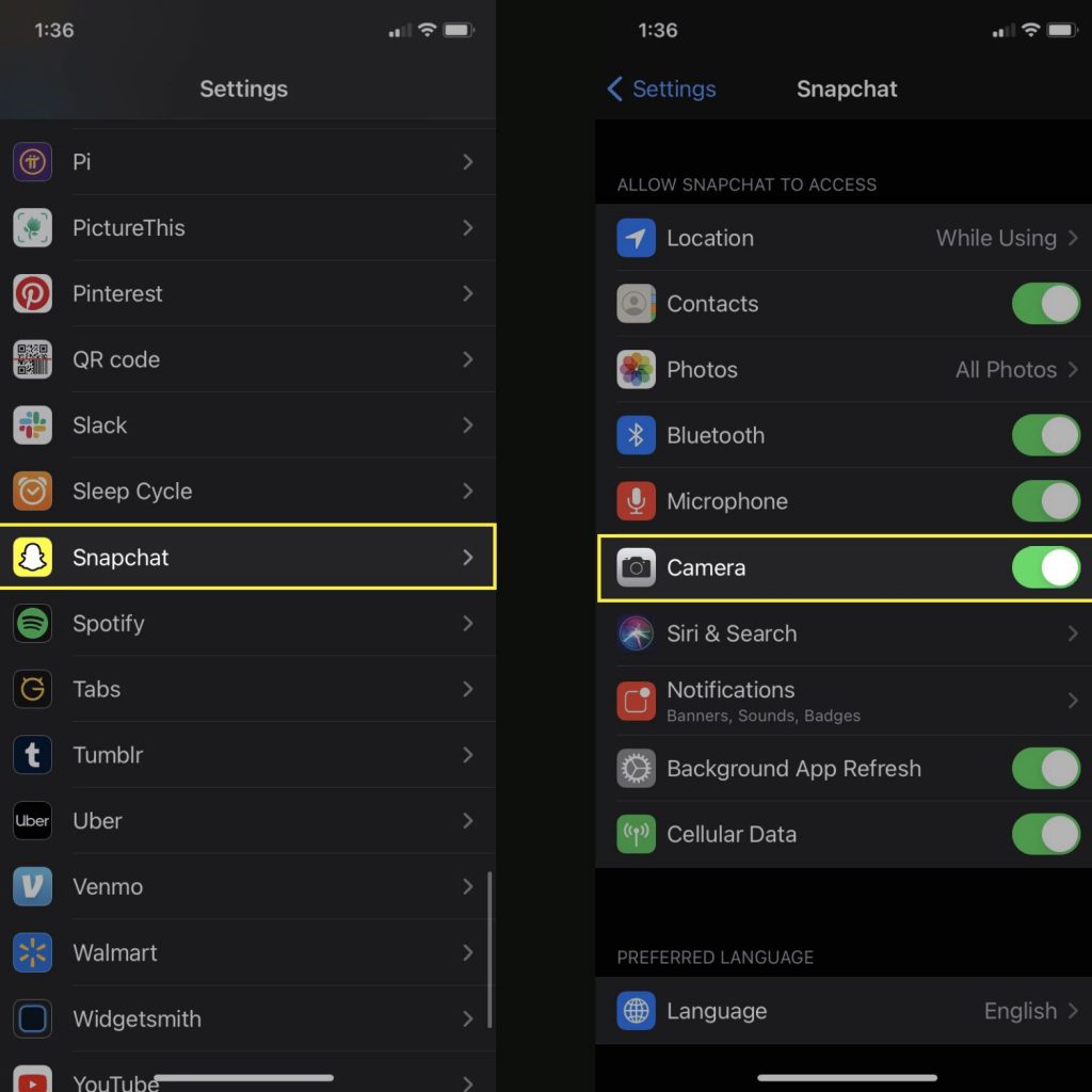 Snapchat and camera option on iPhone - How to Allow Camera Access on Snapchat